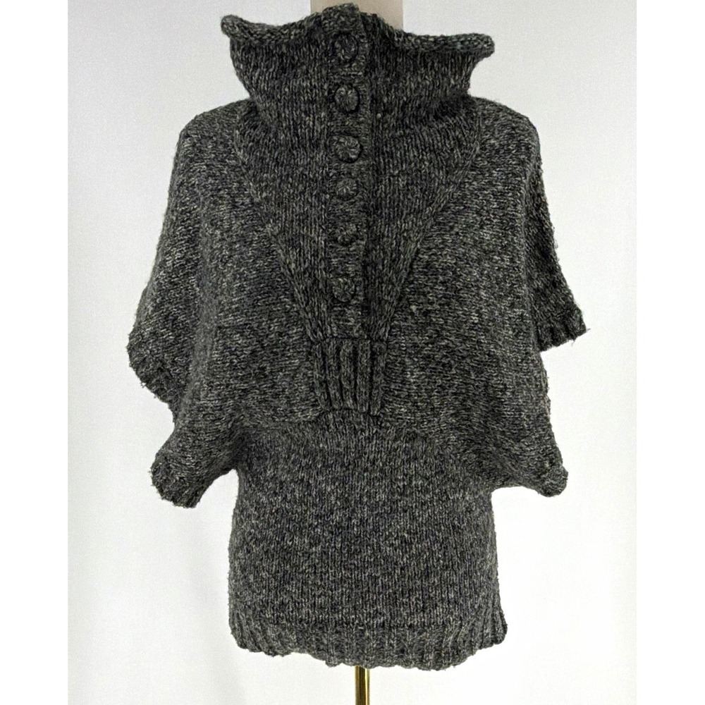 Cozy Y2K Women's Gray Knit Cowl Funnel Neck Button Front Pullover Sweater S